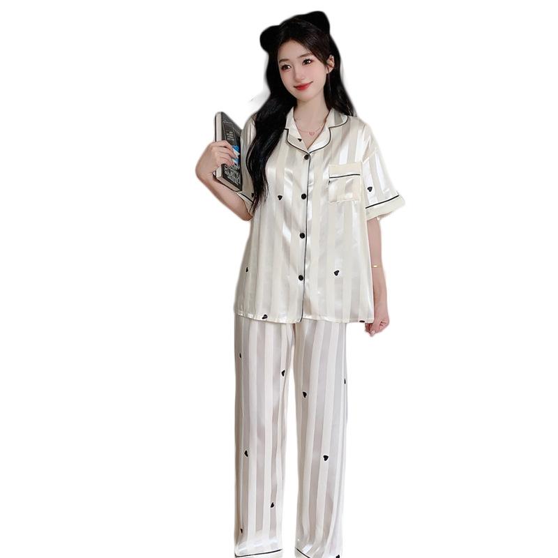 Nordic Style High-End Love Striped Printed Pajamas Simple High-End Short-Sleeved Loungewear Can Be Worn Outside