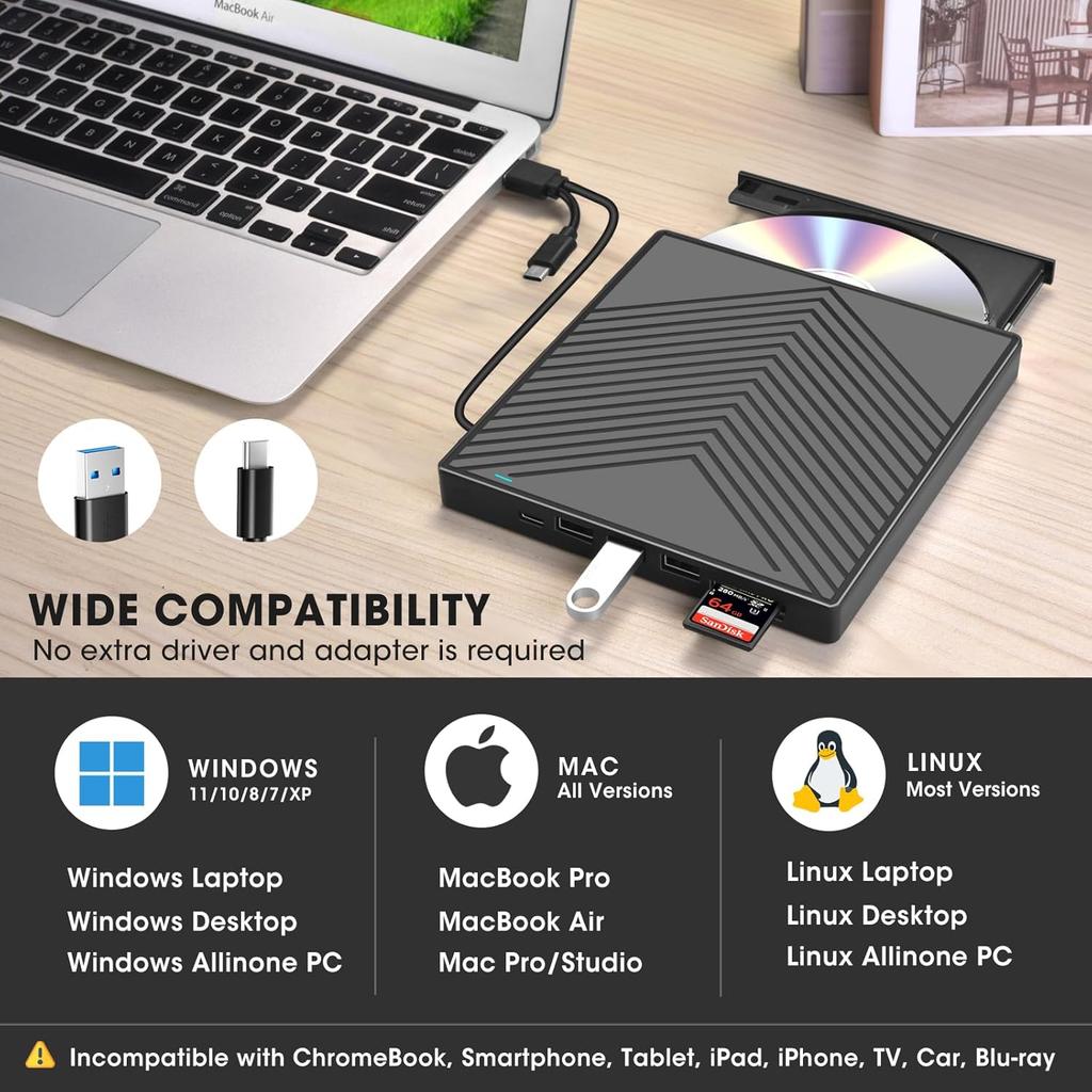 7-в-1 USB3.0 Type-c Внешний CD DVD RW привод Портативный DVD CD плеер Пишущий привод Читающий привод Многофункциональный оптический привод для ноутбука ПК