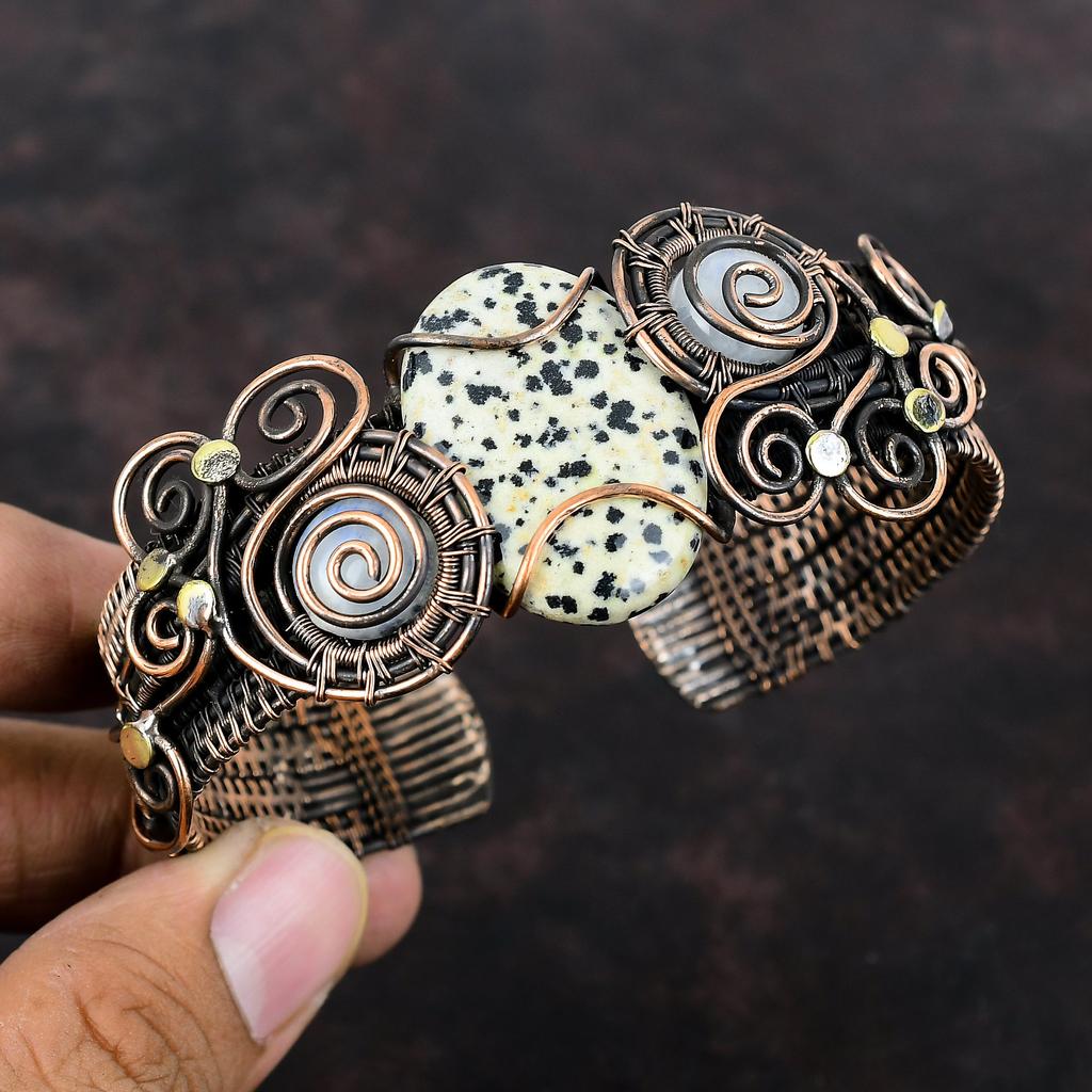 Браслет-манжета из далматинской яшмы, браслет из медной проволоки, браслет с радужным лунным камнем, регулируемый браслет, ювелирное изделие ручной работы, подарок для него