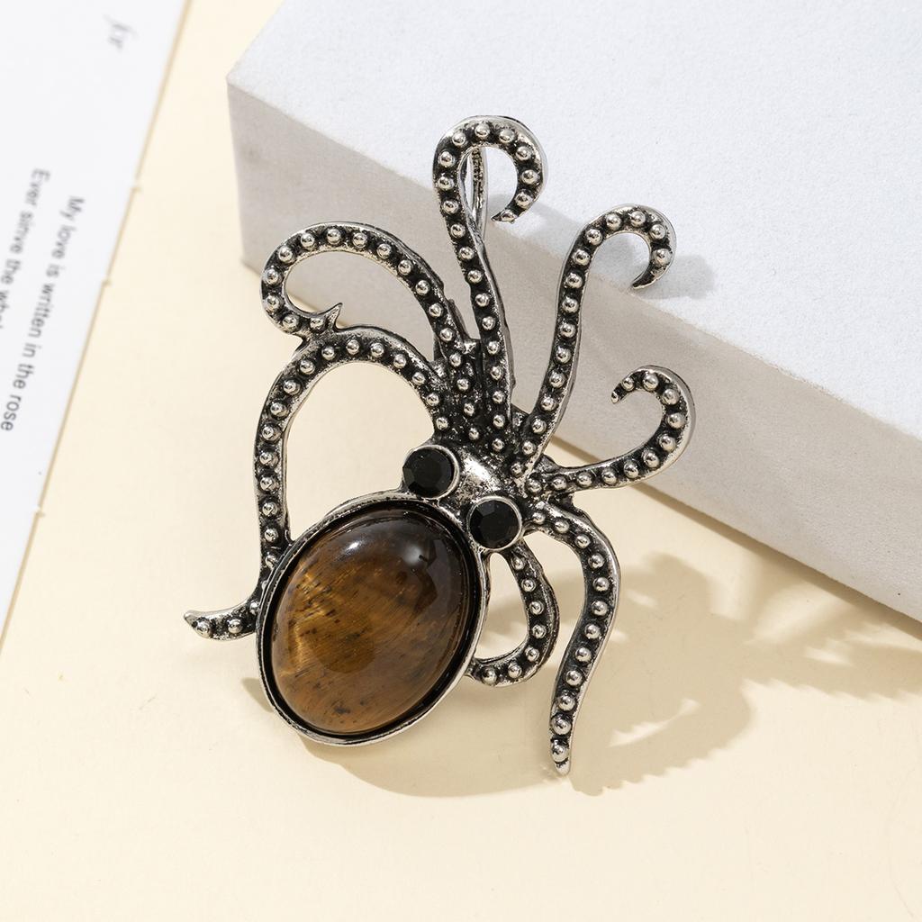 Natural Stone Shell Brooch Octopus-Shaped Brooch For Elegant Formal Coat Jewelry Accessory 52x37mm