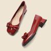 Туфли для женщин 2024 года, элегантная женская летняя обувь на низком каблуке, обычная кожаная повседневная обувь с квадратным носком и бантом, красная, подлинная модная марка