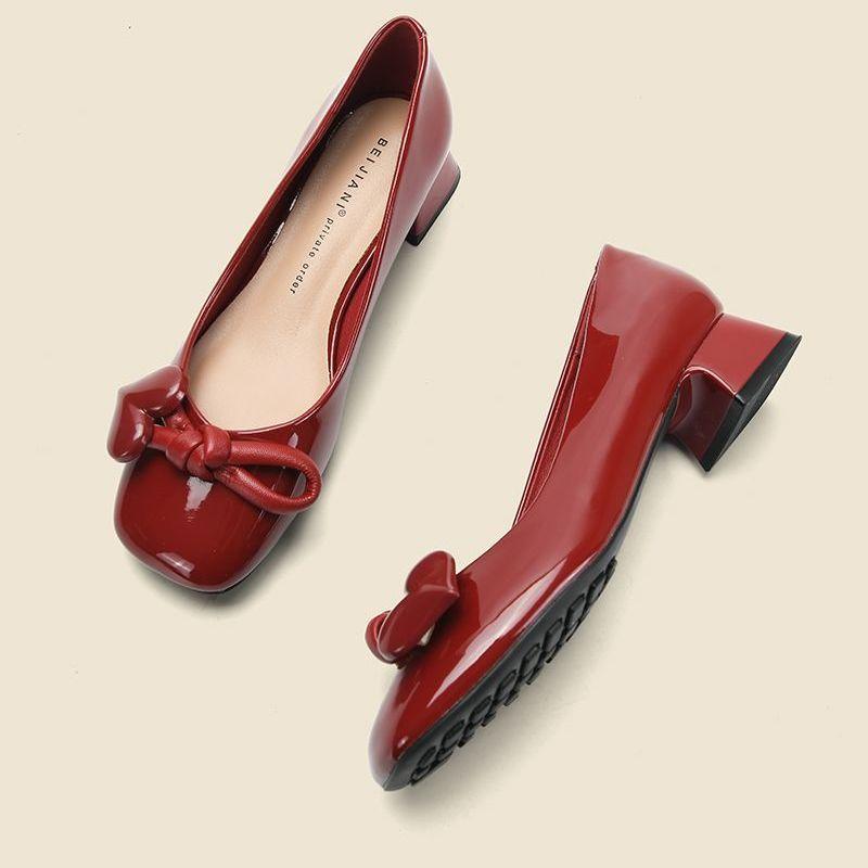 Туфли для женщин 2024 года, элегантная женская летняя обувь на низком каблуке, обычная кожаная повседневная обувь с квадратным носком и бантом, красная, подлинная модная марка
