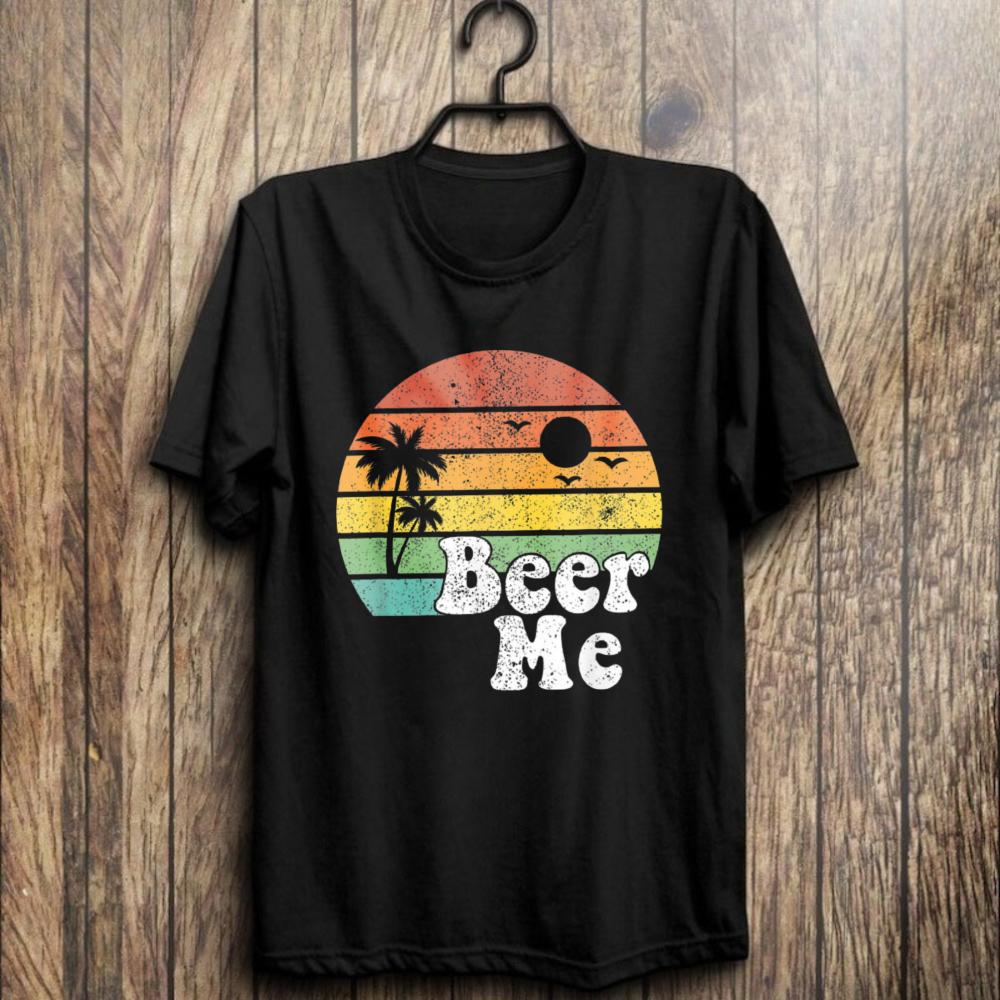 Beer Me Retro Sunset Graphic Tee Tropical Palm Holiday Drinking Unisex Unisex Cotton Casual Shirt Funny Beer Tee Alcohol Shirt