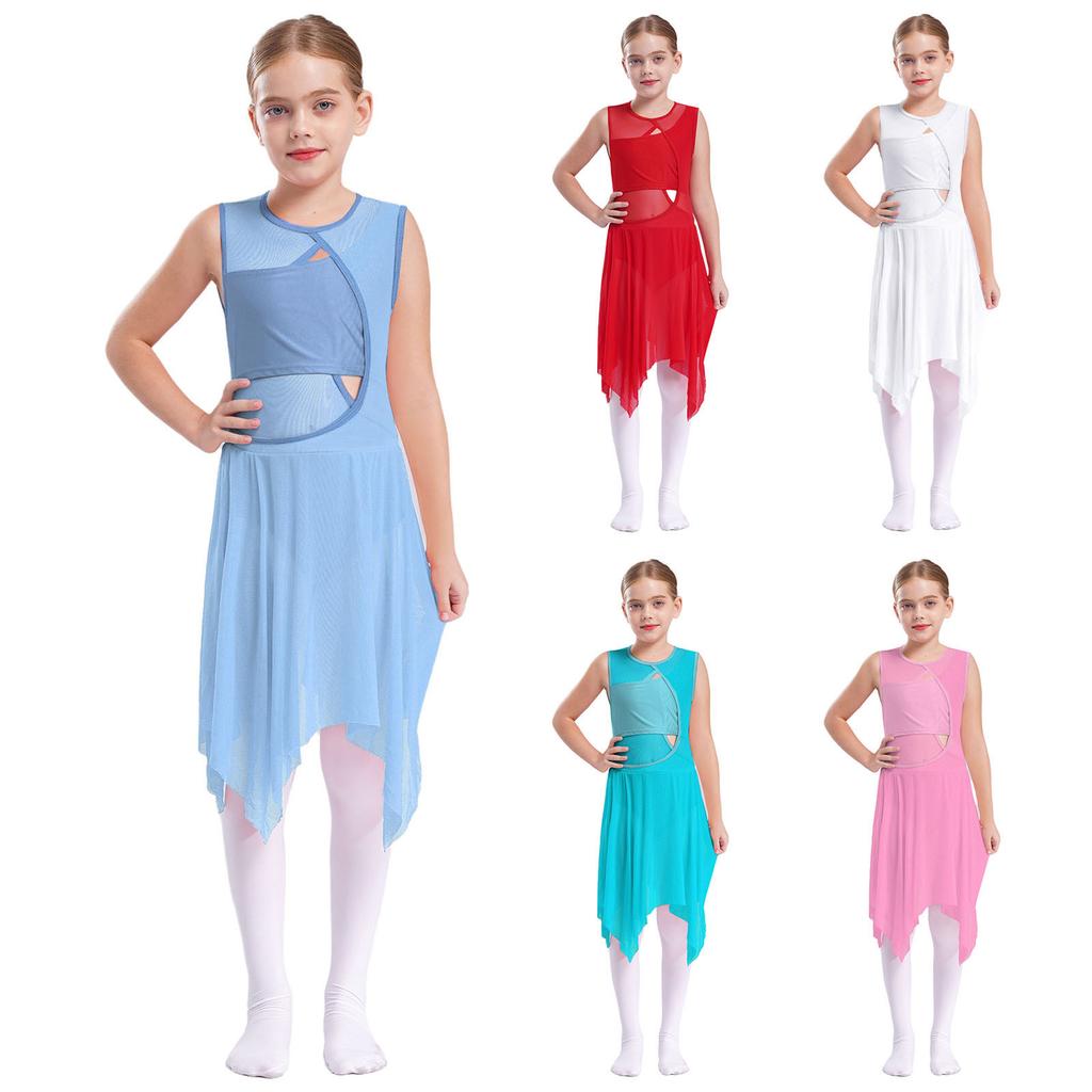 Girls Sleeveless Spandex Mesh Criss Cross Hollow Backless Dance Dress