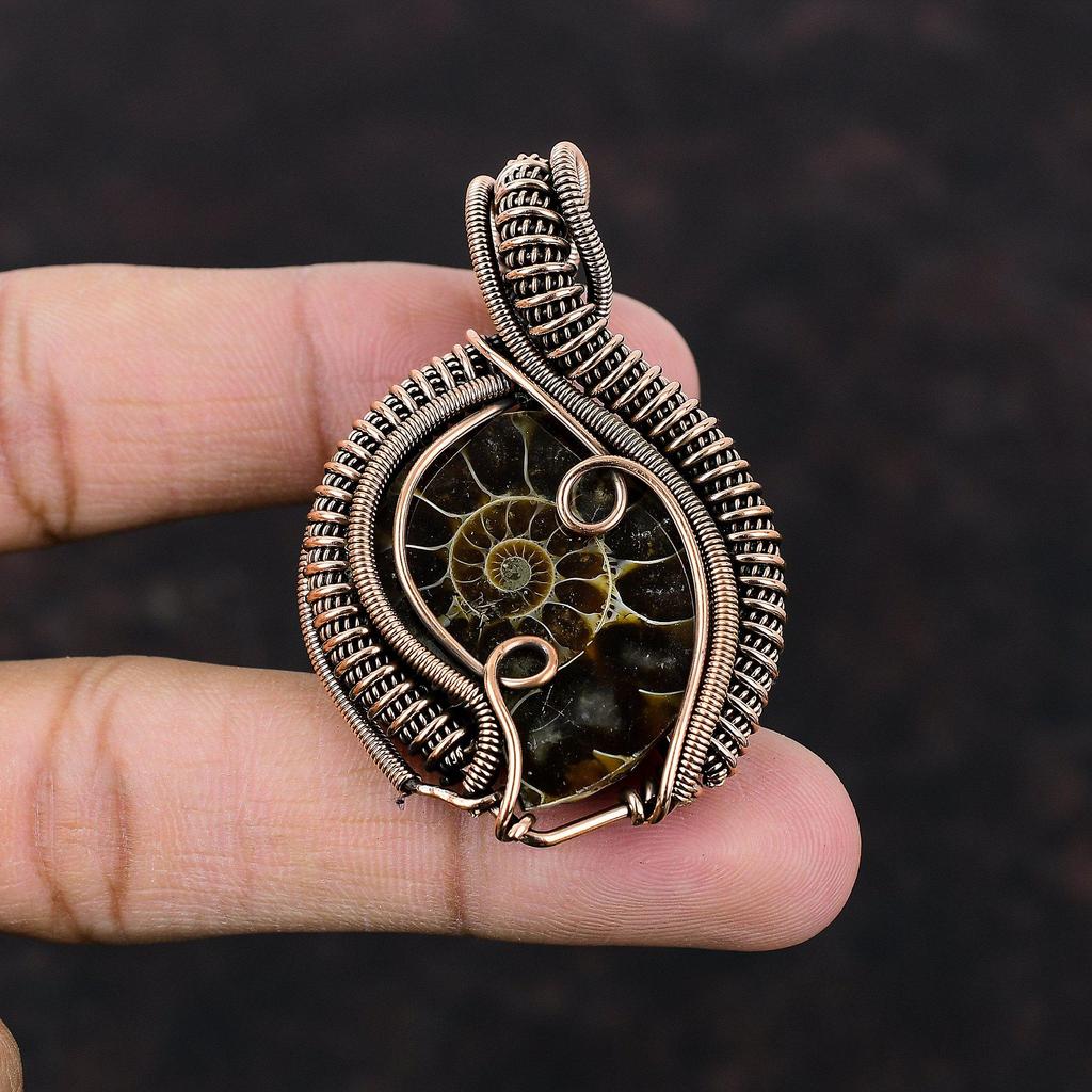 Ammonite Fossil Gemstone Pendant Copper Wire Wrapped Pendant Ethnic Jewelry Handmade Pendant Copper Jewelry Birthstone Pendant Gift For Her