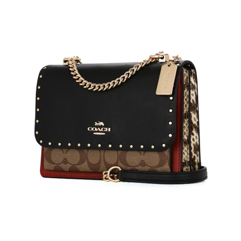 Coach Клатч 21 заклепка декорированная цепью кожаная аккордеон сумка через плечо маленькая женская черная с коричневым