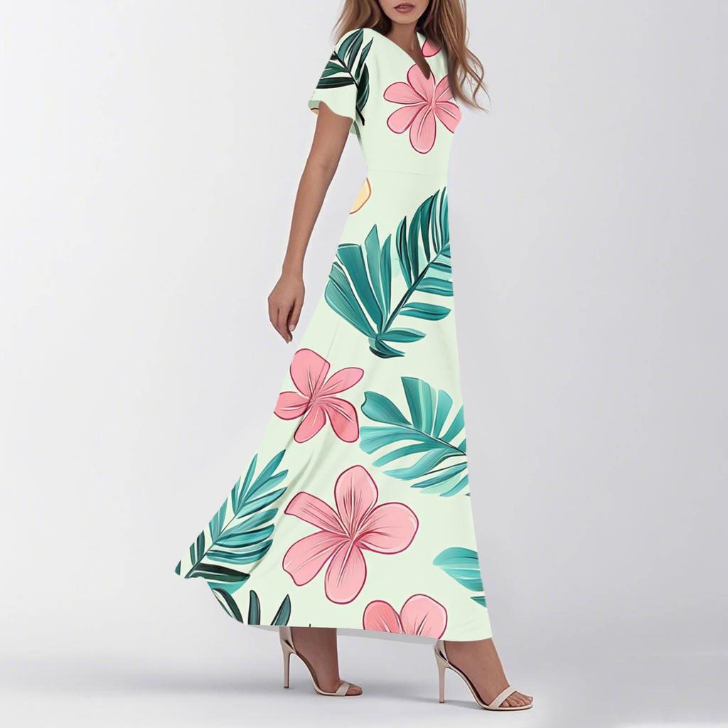 Women's Summer Casual Fashion Retro Floral Dress V Neck Short Sleeve Dress