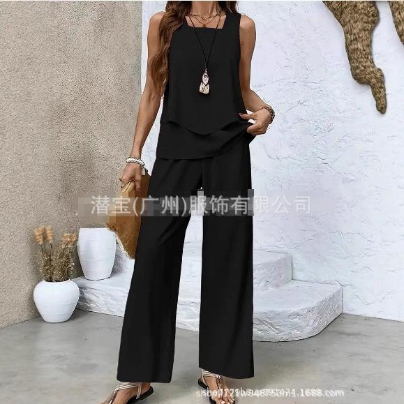 1116 Spot new European and American women's clothing, popular sleeveless double-layer vest pants set two-piece set