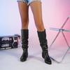 Модные женские сапоги до колена в стиле панк, осенние модные черные ковбойские сапоги со складками, женские сапоги из искусственной кожи на низком каблуке в рыцарском стиле