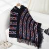 Women Pullover Sweater Hooded Batwing Half Sleeve Tassel Knitting Cape Colorful Striped Asymmetric