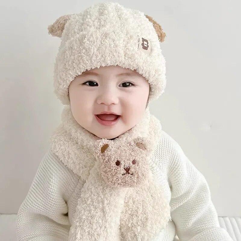 2pcs Little Bear Plush Baby Hat Autumn/Winter Baby Hat Scarf One Piece Set for Children's Warm Ear Protection Hat Super Cute