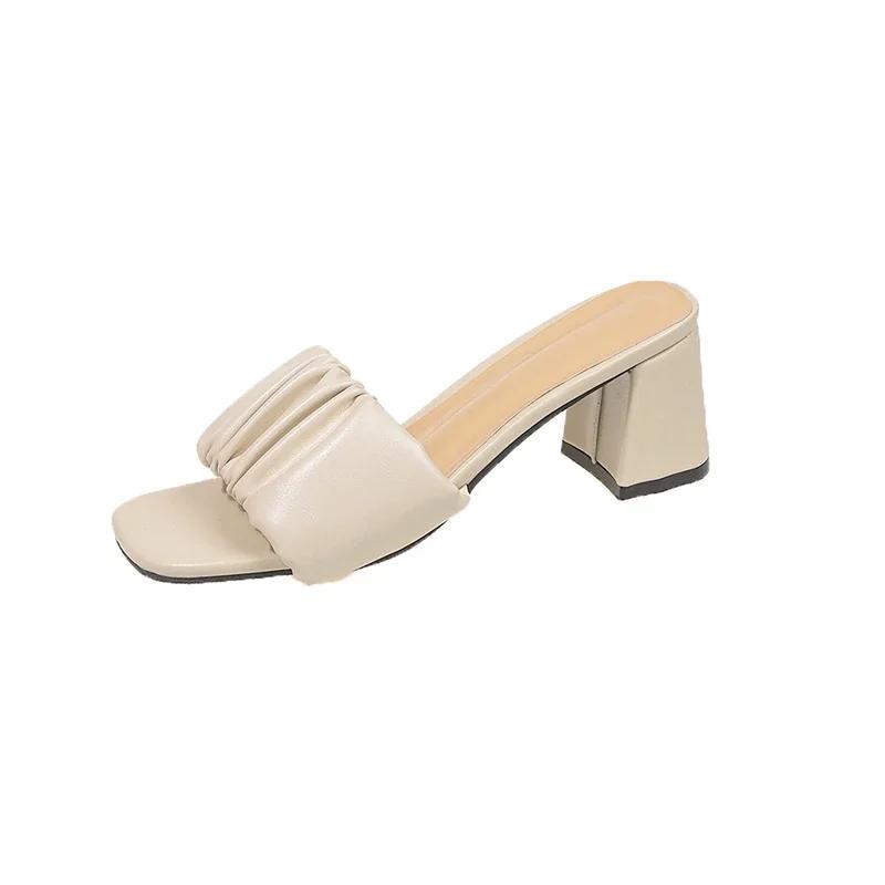 Тапочки Женские 2025 Элегантная Женщина Туфли на Каблуке Открытый Носок Мода Новый Женский Наряд Квадратный Носок Высокий Каблук Большой Размер Современные Сандалии