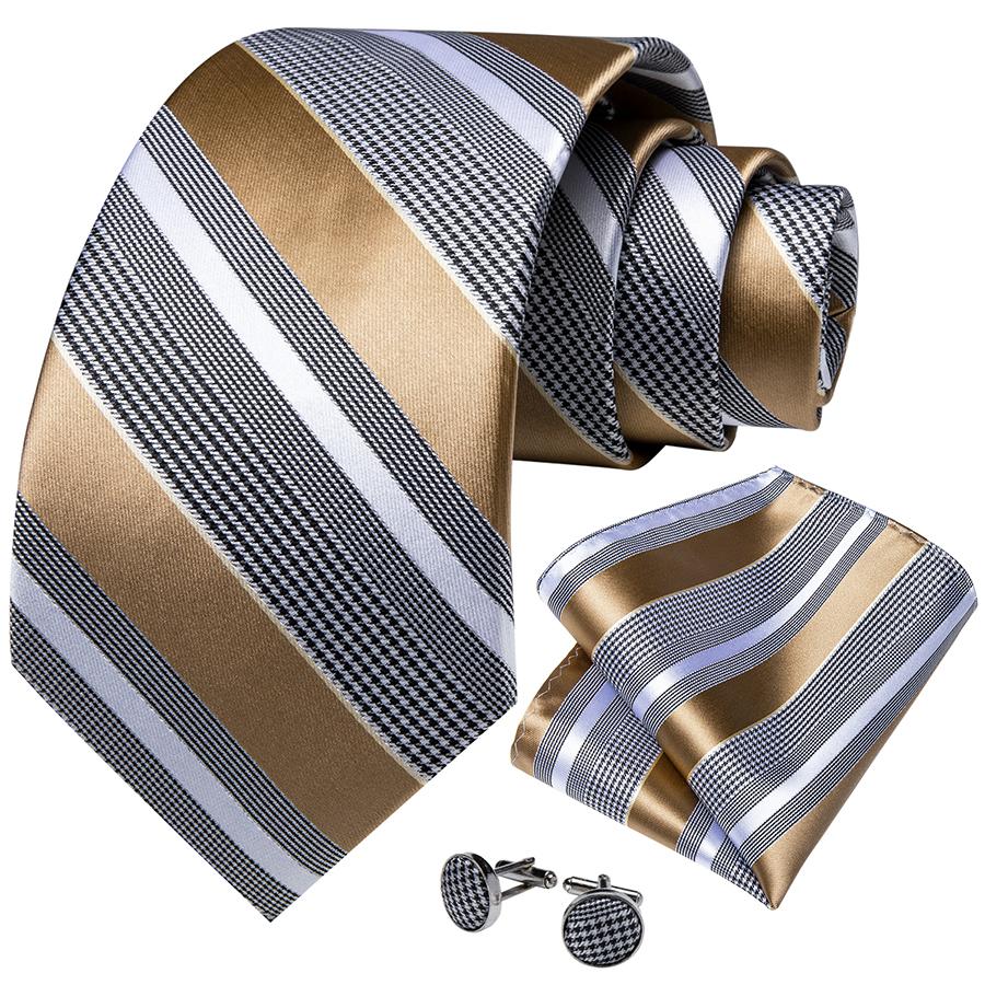 Mens Silk Tie Set Gold Tie Ring Striped Necktie Hanky Cufflinks for Business Party Dibangu