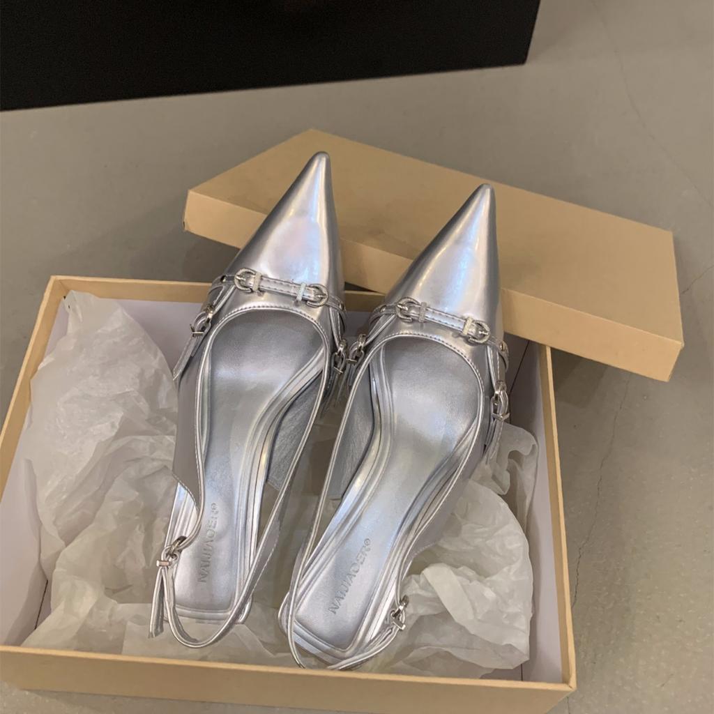 Французские босоножки-мешки черного цвета на шпильках, новинка весны и лета 2024 года, серебристые одинарные туфли с острыми каблуками