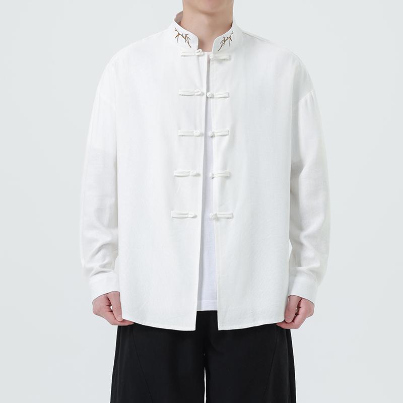 Мужская рубашка в китайском стиле с бамбуковой вышивкой, осень 2025, мужская рубашка с длинным рукавом, свободная, ленивая, белая, мужские топы из хлопка и льна в стиле ханьфу
