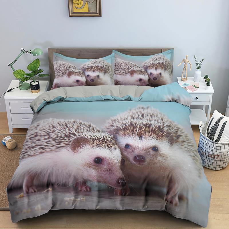 Hedgehog Bedding Set Cute Kawaii Wildlife Comforter Cover With Pillowcases For Kids Boys Girl Polyester Bedding Set King Size