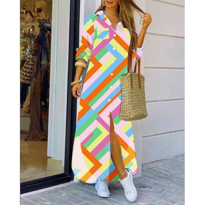 Женское повседневное повседневное платье-рубашка с длинными рукавами и отложным воротником на пуговицах и цепочках с принтом, модная уличная одежда, свободное длинное платье