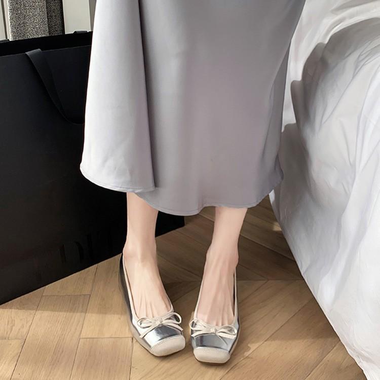 Версия из коровьей кожи~ Серебристая кожаная обувь-балетки с квадратным носком и французским ремешком Мэри Джейн, с бантом, одинарная обувь, женская обувь на плоской подошве