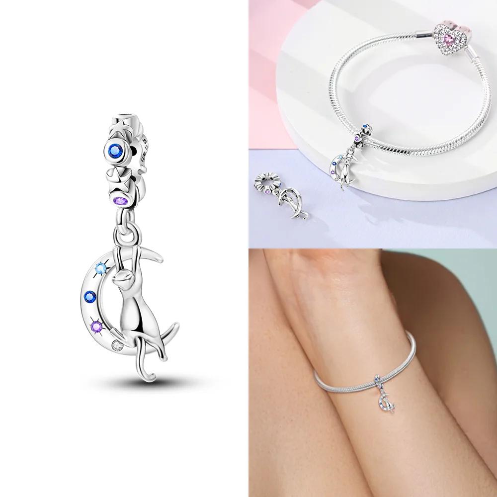 Authentic copper Charm Moon Yellow Stars Blue Zircon Feathers Bead Charms Compatible With Bracelets Women Diy Accessory Valentines Fine Gift