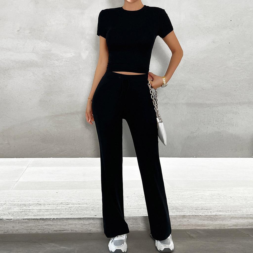 Летний темпераментный однотонный повседневный модный комплект с круглым вырезом