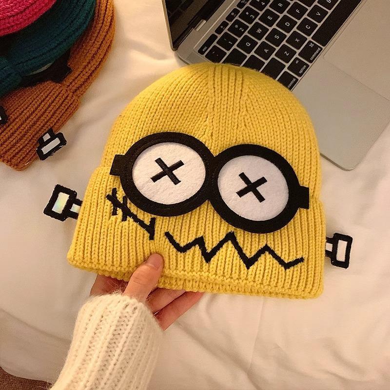 Autumn and Winter Wacky Cute Cartoon Big Eyes Pattern Knitted Mao Line Hat Women Candy Color Keep Warm Ear Protection Knitted Hat