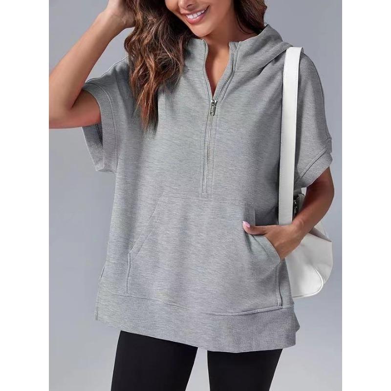 Женская весенняя новая однотонная повседневная толстовка с коротким рукавом и капюшоном