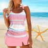 Women's Shoulder Strap Swimsuit, Pink Grid Printed Bikini Short Tank Top Swimsuit