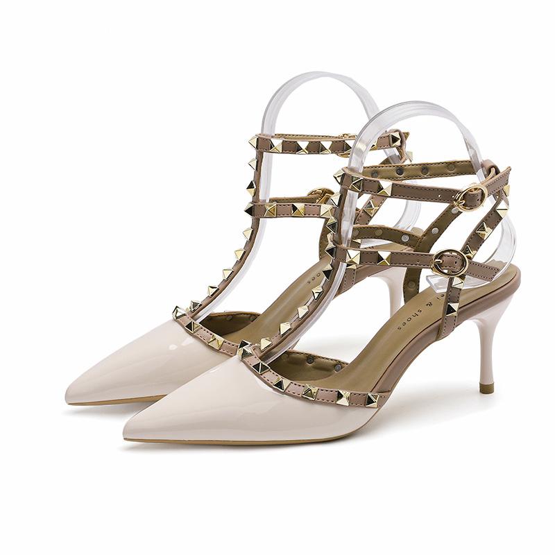 Туфли на высоком каблуке из лакированной кожи с заклепками, сексуальные босоножки с острым носком на высоком каблуке, босоножки на тонком каблуке для женщин