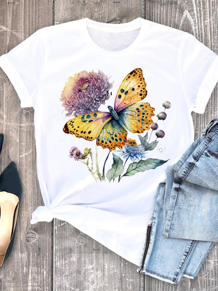 Butterfly Cute Print European Clothing Top Shortsleeved Tshirt Women Clothing Graphic Tshirts Oversized T Shirt Tops