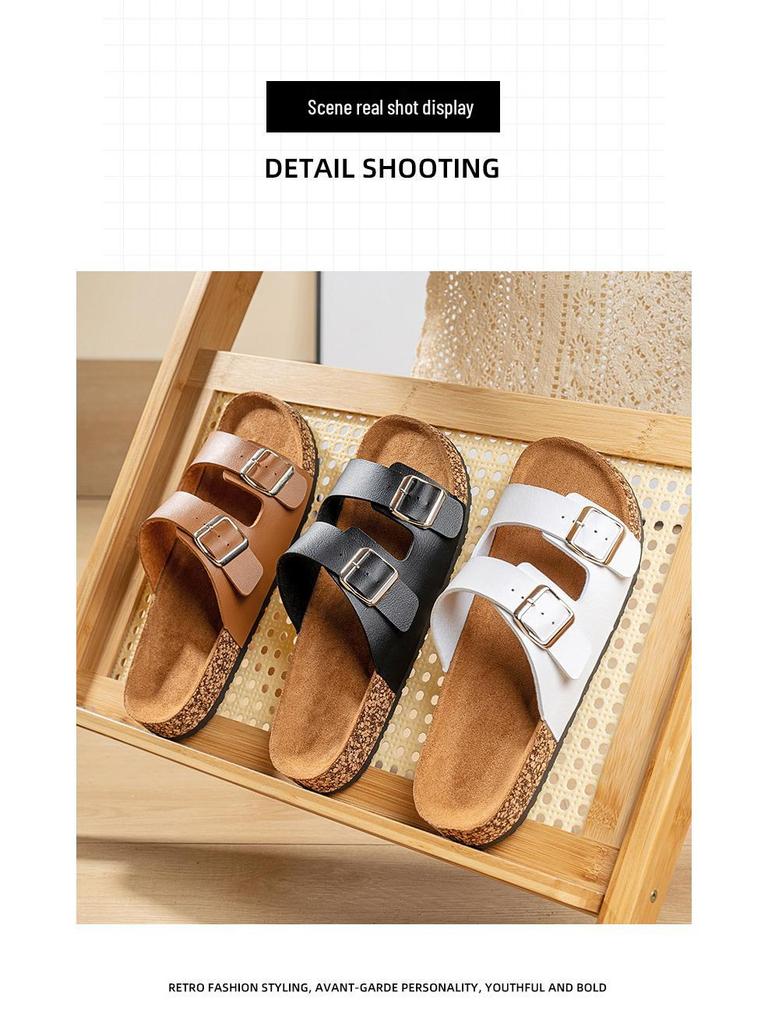 Birkenstock Unisex Cork Leather Double-Buckle Flip Flops: Retro, Thick-Soled, Outdoor Half-Slippers for Men and Women