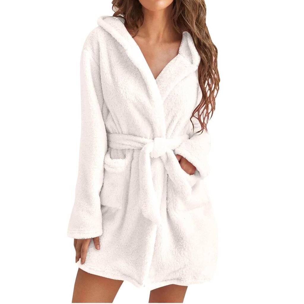 Women's Plush Hooded Bathrobe - Solid Color, Warm Pajamas for Autumn and Winter