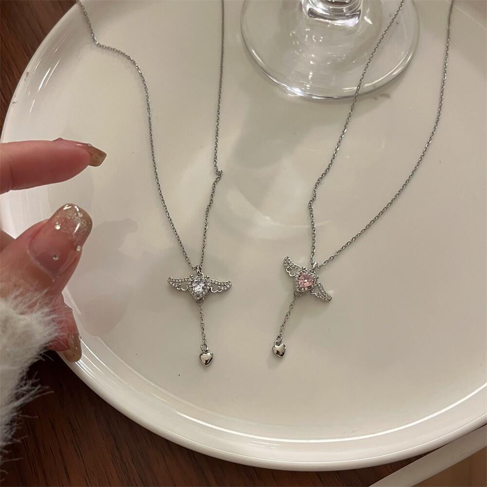 Pink Crystal Angel Wings Heart Pendant Necklace For Woman Minimalist Jewelry Girl's Neck Chain Clavicle Chain New Cupid Arrow