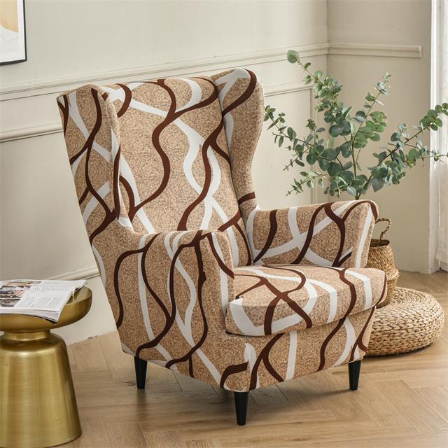 Feather Pattern Wing Chair Cover Stretch Spandex Armchair Covers Removable Relax Single Sofa Slipcovers With Seat Cushion Covers