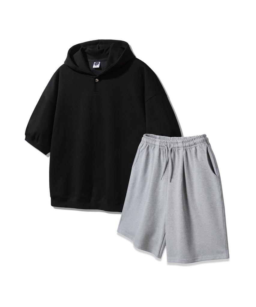 ALVINCLO [Set] Plain Snap Button Short Sleeve Hoodie Plain Wide Balloon Fit Elastic Waist Shorts Set
