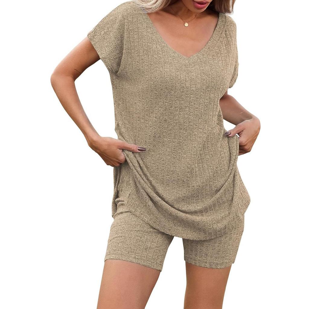 Женский летний комплект из двух частей с шортами, трикотажный домашний спортивный костюм с V-образным вырезом