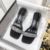 Z008 Crystal High-heeled Slippers 2025 Summer Rhinestone One-word Sandals Korean Version Square Head Thick-heeled Cool Slippers Women