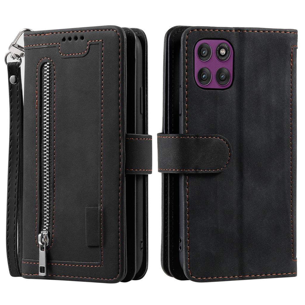 For Motorola Moto G56 5G Case 9 Card Slots Zipper Wallet PU Leather Phone Cover with Wrist Strap