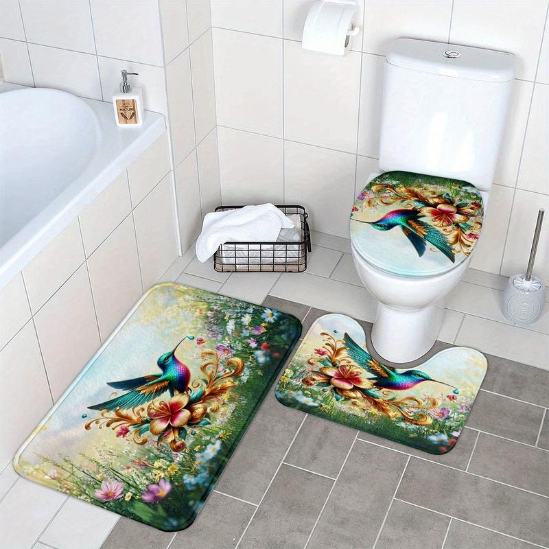Spring Hummingbird Bathroom Floor Mat Set 3pcs Floral Non-Slip Absorbent Toilet Lid Cover U-Shaped Rug and Decorative Bath Mat