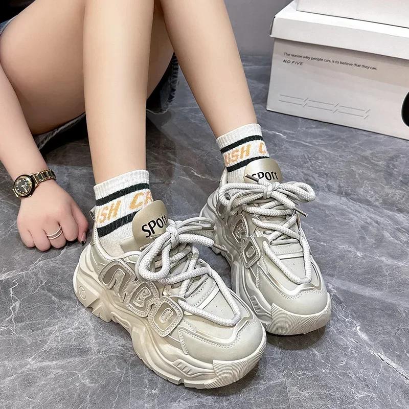 Женские кроссовки на толстой платформе, модные, осенние, новые, черные, на платформе, кроссовки для женщин, нескользящая, толстая подошва, спортивная обувь