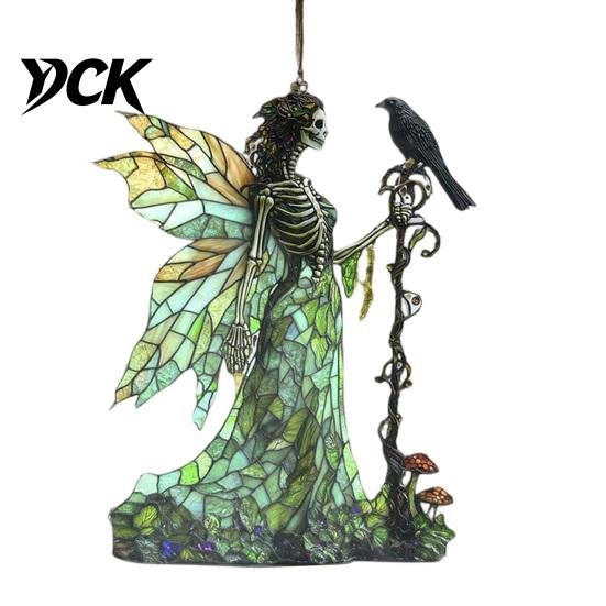 Window Hanging Decorations Stained Glass Style Skeleton Fairy Suncatcher, Acrylic Decorative Ornament with Butterfly Wings Ornaments for Living