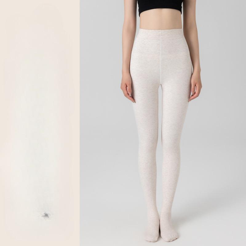 Spring Autumn Winter Women's Gray Vertical Stripe Fleece Lined Thick Warm Outer Wear Pantyhose & Black Compression Slimming Leggings