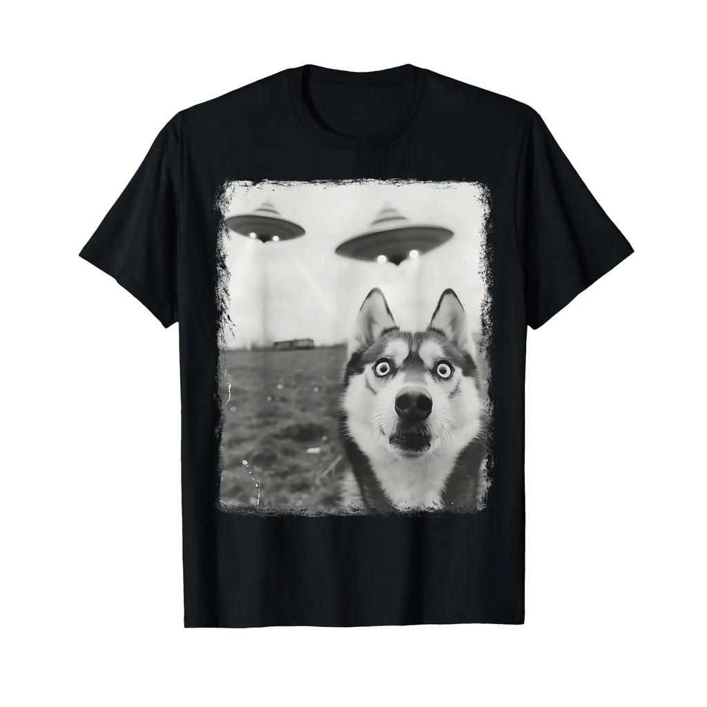 Siberian Husky Dog Ufo Alien Extraterrestrial Selfie T Shirt Vintage Washed Breathable Stretched Versatile Designer Clothes