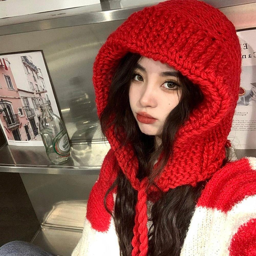 Korean Ear Protection Hat Hand-crocheted Tie Pullover Beanie Hat Fashion Y2k Knitted Hat  Women