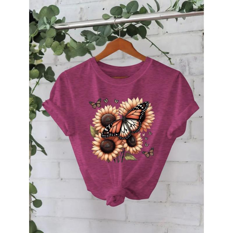 Летние новые модные футболки с короткими рукавами с подсолнухами и бабочками
