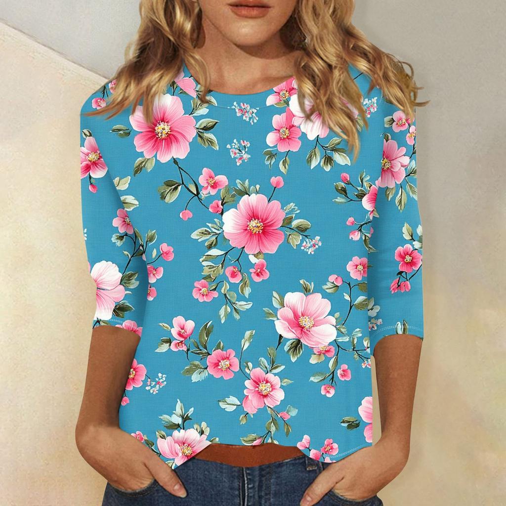 Женская модная повседневная футболка с круглым вырезом и принтом 3/4