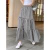 Qooth Women Elastic Waist Printed A-line Plaid Skirt Elegant Vintage High Waist Long Skirt For Spring Summer QT2210