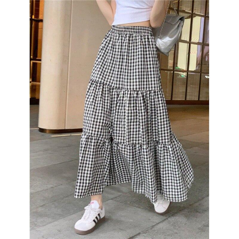 Qooth Women Elastic Waist Printed A-line Plaid Skirt Elegant Vintage High Waist Long Skirt For Spring Summer QT2210