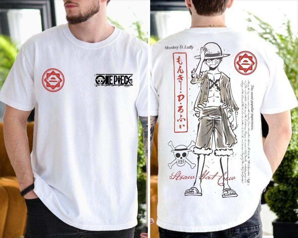 One Piece Рубашка с чернильным рисунком Луффи, Пиратская рубашка Соломенной шляпы, Аниме-рубашка, Король пиратов