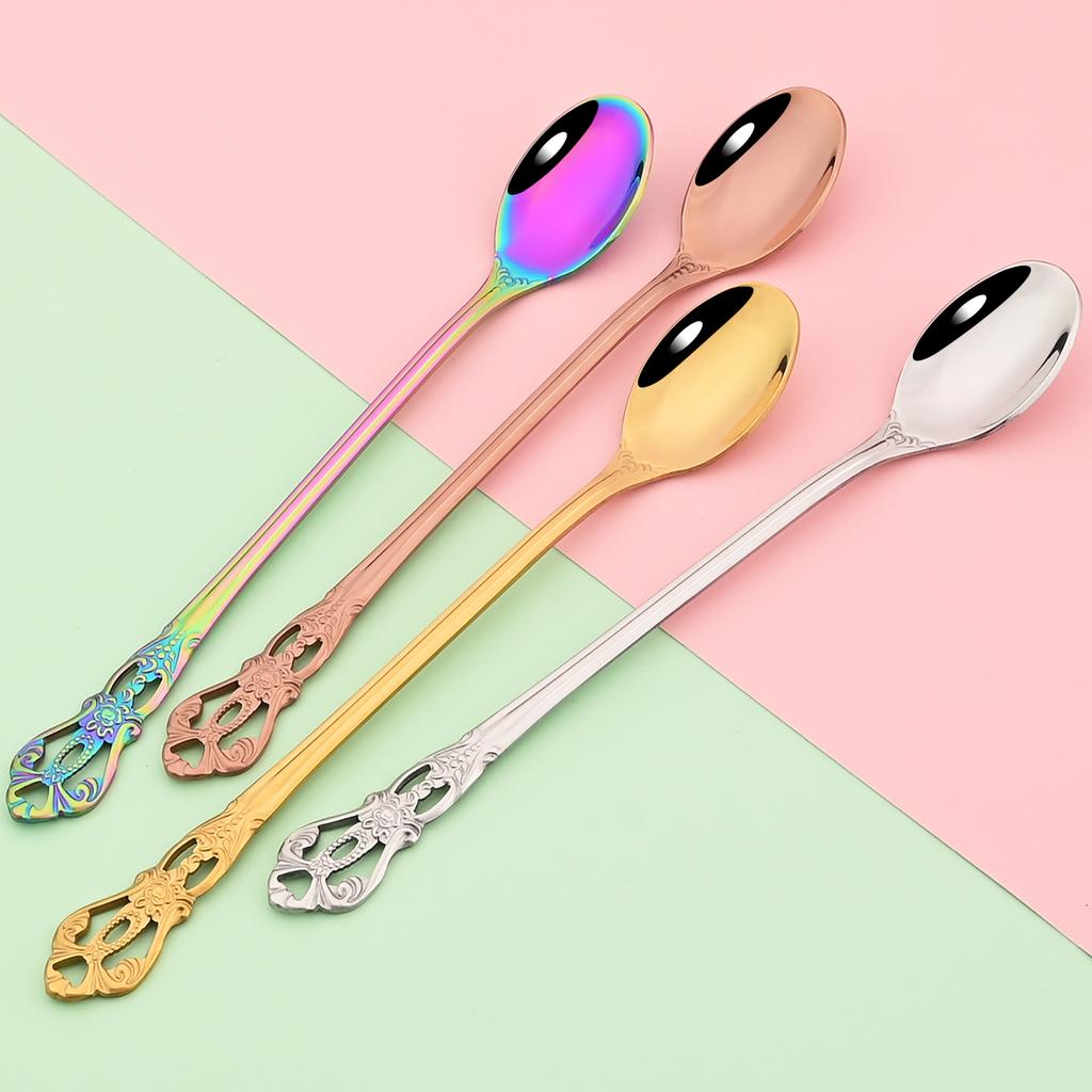 4Pcs Juice Coffee Stirring Cutlery Set Vintage Colorful Teaspoon Dinnerware Ice Cream Long Handle Scoop Tableware Kitchen Tools
