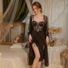 Underwear Women's Nightgown Set Deep V Satin Lace Solid Color Black Dress with Breast Pad Autumn New Underwear Set